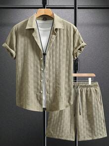 Genlund 男士成熟度假短袖襯衫套裝，男士條紋襯衫與抽繩腰短褲（不含T恤），亞麻材質，度假多彩男友禮物，休閒度假風 - 綠色 - 查看 4