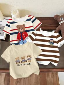 3pcs/Set Toddler Boys' Cartoon Bear Print Striped Short Sleeve T-Shirt,Casual White Graphic Tee,Summer Back-To-School,Carrer Day,Versatile Cute Tee - Multicolor - View 1