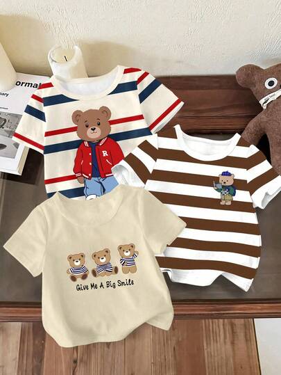 3件套幼儿男童卡通熊印花条纹短袖T恤，休闲百搭可爱小熊图案T恤，适合春、夏、秋、冬四季穿着。