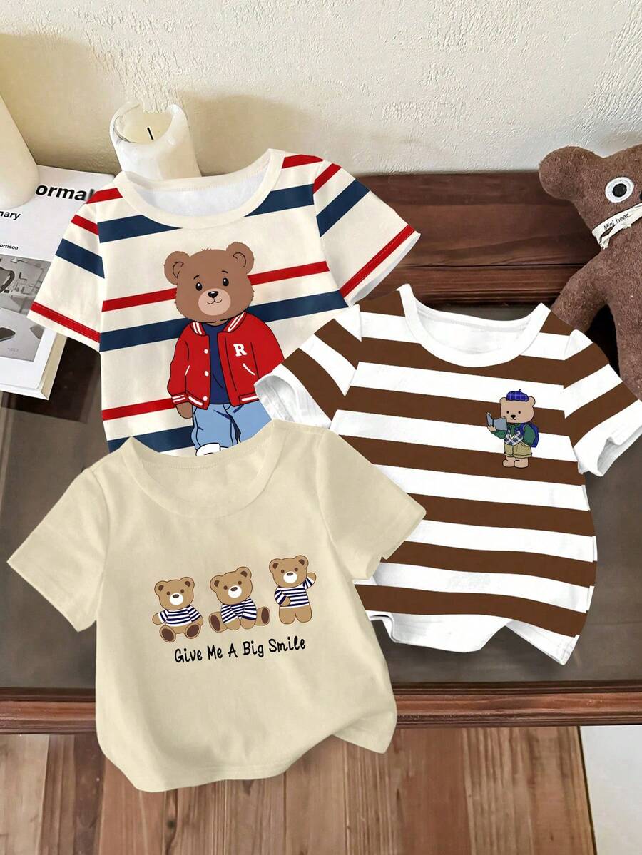 3pcs/Set Toddler Boys' Cartoon Bear Print Striped Short Sleeve T-Shirt,Casual White Graphic Tee,Summer Back-To-School,Carrer Day,Versatile Cute Tee - Multicolor - View 1