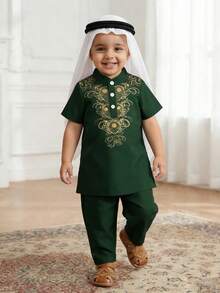 2件/套 嬰幼兒男童深綠色夏季長袍與長褲套裝 Al-Adha 伊斯蘭服飾 Kaftan 沙烏地阿拉伯風格 婚禮賓客裝 0-3T - 綠色 - 查看 3