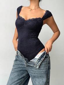 Aloruh Women's Wine Red Lace Bodysuit - Navy Blue - View 3