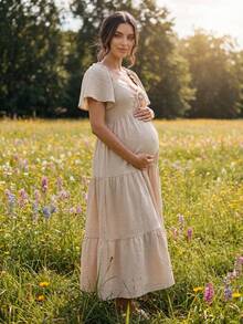 Boho Mama 孕妇休闲纯色连衣裙 - 卡其色 - 查看 2