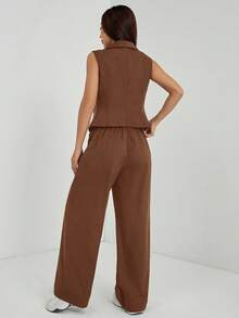 SHEIN PETITE 两件套秋季服装 2件套/组 女士纯色无袖上衣和裤子 秋季服装 - 棕色 - 查看 2