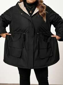 Enliva 大码女式防水长袖抓绒外套，秋冬季，适合苹果型圆臀身材 - 黑色 - 查看 5