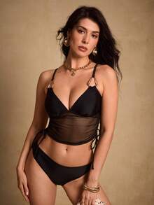 Swim Chiccia 女士夏季沙滩金属装饰吊带背心式比基尼上衣和三角泳裤套装 - 黑色 - 查看 4