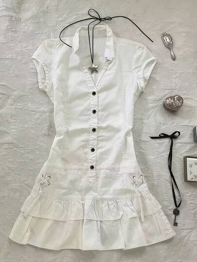 Glimmora 女士休闲纯色荷叶边短连衣裙，夏季