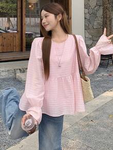 Livesso 女士粉色圆领A字喇叭袖衬衫 - 粉色 - 查看 5