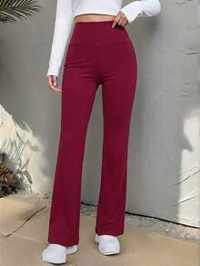 SHEIN EZwear 酒红色高腰喇叭裤，优雅时尚女裤 - 酒紅色 - 查看 6