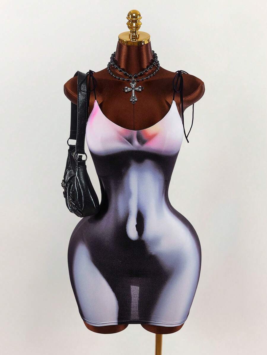 Amplova 女士性感吊带连衣裙，印有人体图案，前卫风格，适合音乐节穿着 - 彩色 - 查看 1