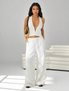 SHEIN PETITE 2 Pieces Outfits Tie Up Halter Neck Backless Tank Top And Wide Leg Drawstring Pants Set Clubwear, Vacation Outfits Women, Beach Outfits For Woman, Rave Outfits, Hawaii Outfits Women Island Vacation Outfits Linen Two Piece Set White Two Piece Set Outfit - White - View 5