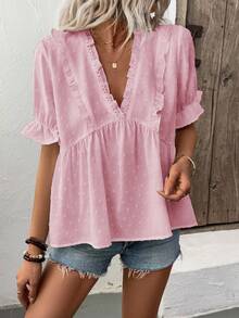 SHEIN LUNE 女士3D镂空V领花瓣袖衬衫 - 粉色 - 查看 5