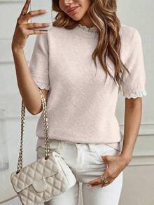 EMERY ROSE Elegante suéter de punto de manga corta con cuello redondo y adorno de encaje en color albaricoque, adecuado para ir al trabajo, estar en casa y uso diario, primavera/verano - Rosa vieja - Ver 3