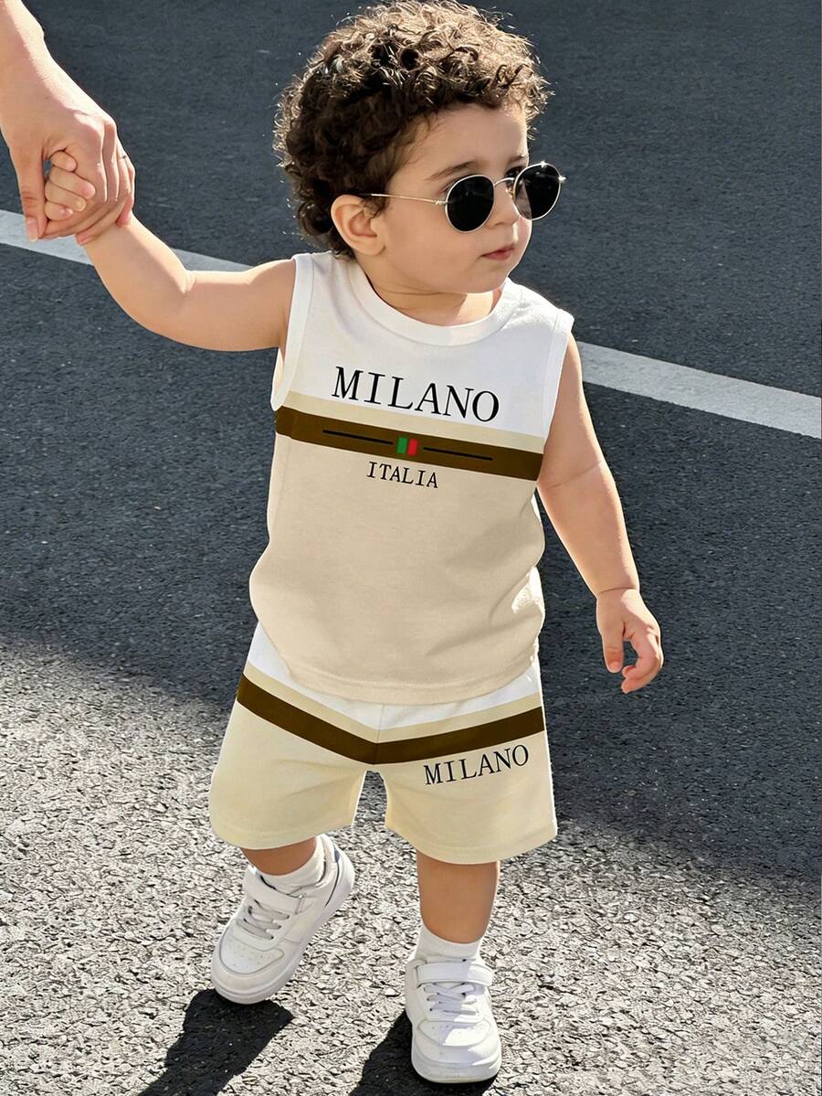 Set de 2 piezas de ropa para bebé niño, top de tirantes con estampado de rayas y letras combinado con shorts con estampado de rayas, adecuado para salidas de verano - Multicolor - Ver 1