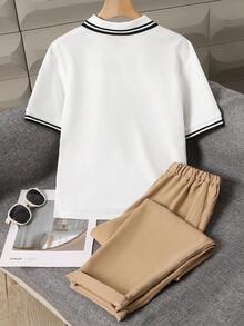 SHEIN 两件套青少年男童绅士套装，短袖Polo衫+长裤，优雅正式的生日派对、婚礼、周年纪念、毕业典礼等场合着装 - 白色 - 查看 2