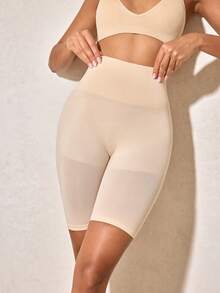 女士修身塑形短裤，收腹提臀，半透明 - 杏色 - 查看 1