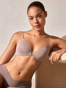 EMUPER 1pc Front Closure, Criss-Cross Strap, Delicate Spaghetti Strap, Soft Cup Gather Women Bra - Coffee Brown - View 1