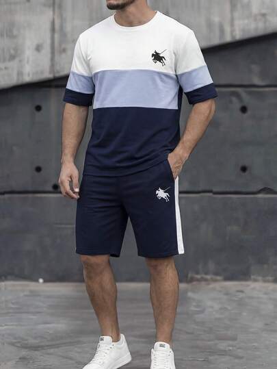 两件套青少年男童休闲撞色拼接短袖T恤短裤套装，面料柔软，简约风格，适合日常、通勤、休闲、运动等多种场合。