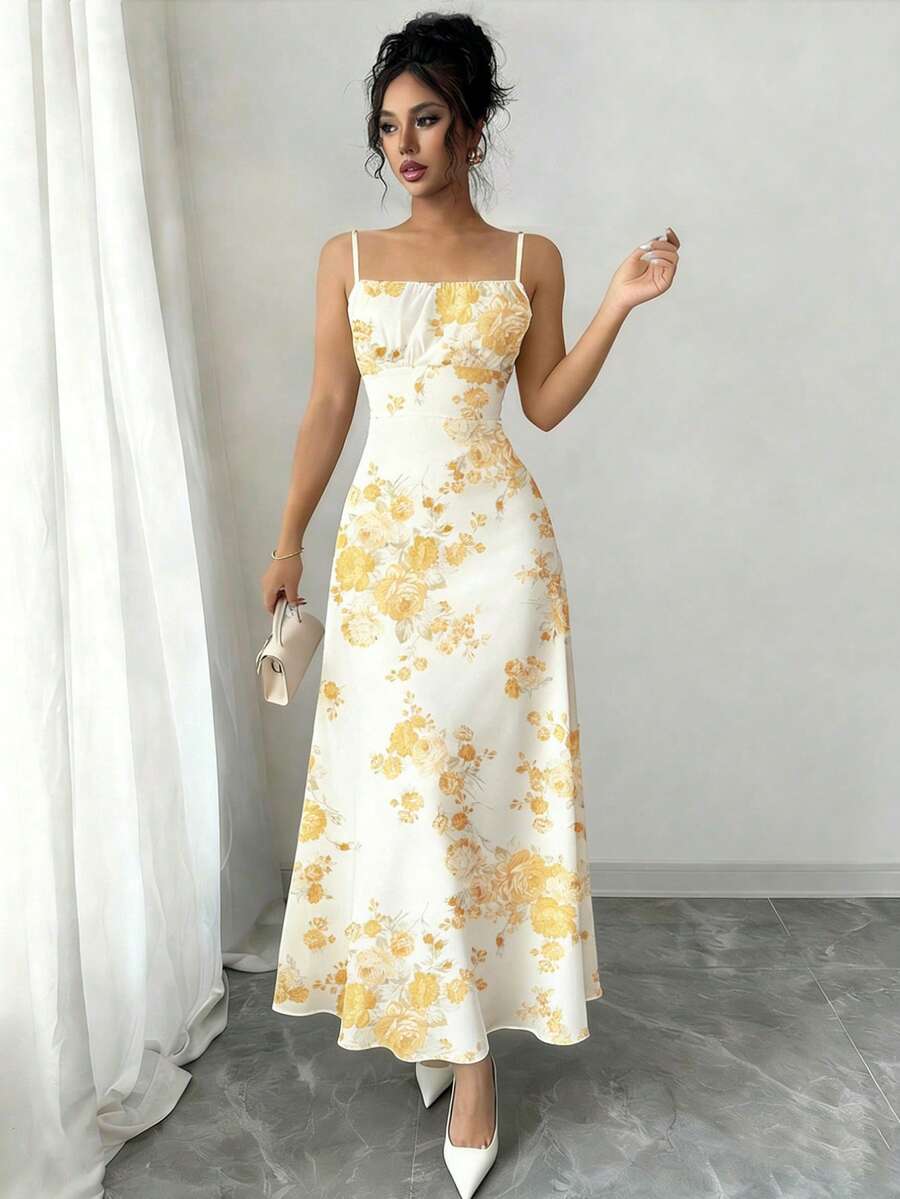 Arcane Artistry Women's Floral Print Elegant Spaghetti Strap Dress, Suitable For Vacation - Light Yellow - View 1