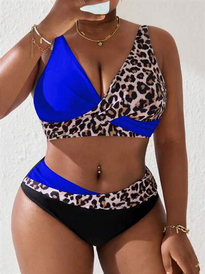 Slaydiva Plus Size Women 2pcs V-Neck Leopard Print Criss-Cross Tankini Swimsuit Set, Summer Beach Holiday Outfit