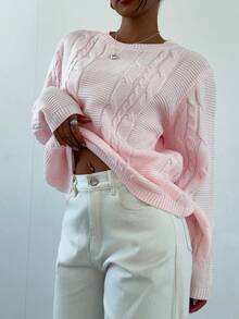 Aloruh 新款女士粉色圆领休闲长袖套头毛衣，秋冬款 - 淺粉色 - 查看 7