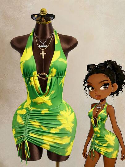 Zestiva Spring/Summer Bestselling Special Fabric Plant Printed Draped Neck Front & Middle Metal Decor Ruched Drawstring Waist A-Line Skirt