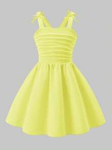 Girls' Elegant Solid Color 3D Bow Ruffle Strap Dress, Suitable For Outings, Parties And Events In Spring/Summer Kids Dresses Yellow Young Girl Summer - Yellow - View 4