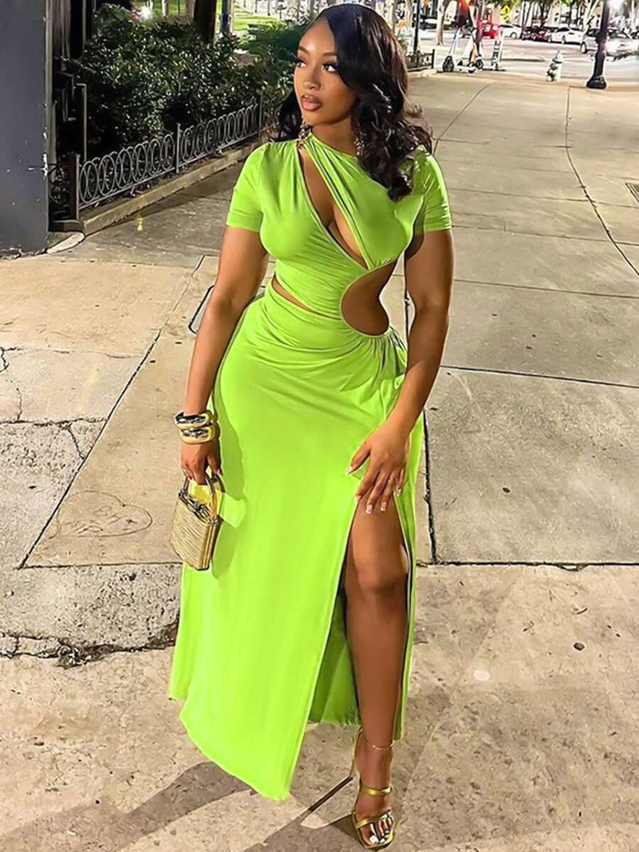 Glyssa 女士不对称镂空褶皱高开衩腰部镂空修身连衣裙，时尚闪亮新年派对夜店装，薄荷绿 - 薄荷綠 - 查看 1