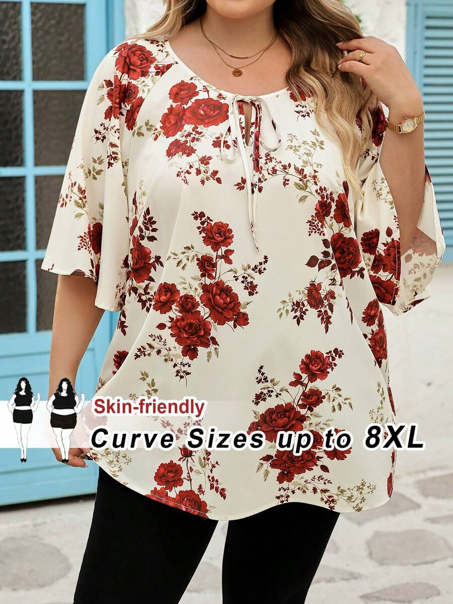 SHEIN CURVE+ 加大码情人节爱心印花长袖衬衫，适合春冬季穿着 - 彩色 - 查看 1