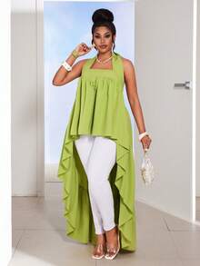 Maweii 大码女式纯色褶皱系领休闲百搭长衬衫 - 綠色 - 查看 6