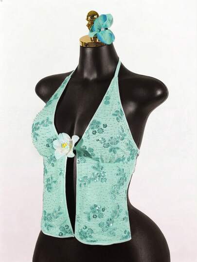 SaltGleam SaltGleam Women's Summer Camisole Top, Embroidered Sequin Camisole, Floral Decor, Y2K Style Top, Women's Elegant Halter Neck Camisole, Sequin Top, Shiny Top, Summer Holiday Outfit, Women's Vacation Outfit, Party/Music Festival/Valentine's Day Outfit Vintage Swimwear