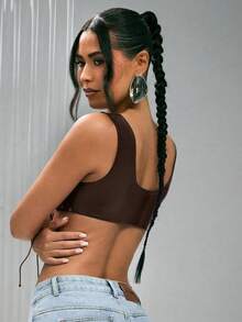 Denimoi Studded Lace Up Front Cropped Faux Leather Bralette Top Sexy Tops Concert Outfits Clubwear - Coffee Brown - View 4