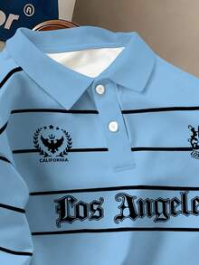 Claim Dot 男士字母条纹短袖休闲Polo衫 - 淺藍色 - 查看 4