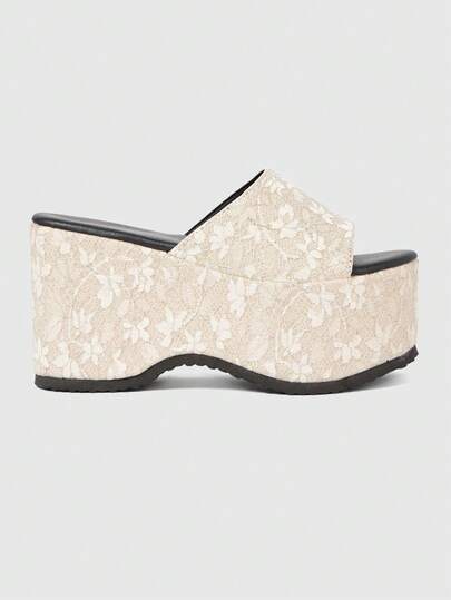 Sugerpunk 女士花卉刺绣蕾丝厚底高跟凉鞋 浪漫甜美凉鞋 夏季浅口厚底凉鞋 日常甜美学院风