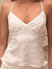 Theaadoraa Solid Color Textured Jacquard Spaghetti Strap Sleeveless Women Top, Vacation Top, Jacquard Top - White - View 3