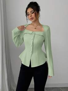 Selianne Women's Elegant Sage Green Long Sleeve Blouse,Autumn Office Work Blouses,Trapezoid Square Collar Front Button Waistline Decor A-Line Business Tops - Mint Green - View 4