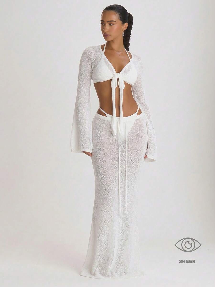 Musera Resort 针织系带前开襟长裙罩衫泳装度假夏季旅行沙滩装基本款纯色度假风 - 白色 - 查看 1