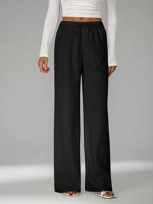 SHEIN Tall Quần ống rộng cạp chun, chất liệu vải nhăn có họa tiết. - màu đen - Xem 10