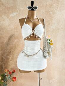 Soleia Plus Size Women's Spring/Summer Vacation Starfish Metal Decor Hollow Lace-Up Backless Mini Dress, Textured Fabric,Summer Outfits,Spring Clothing,Festival Outfits For Women ,Beach Outfit For Women,Holiday Outfits For Women , Birthday Outfits For Women Two Pieces - White - View 5