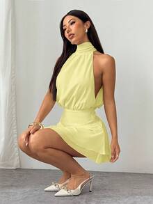 SHEIN PETITE Vestido de mujer sexy y elegante con cuello halter, cintura fruncida de gasa - Amarillo claro - Ver 7