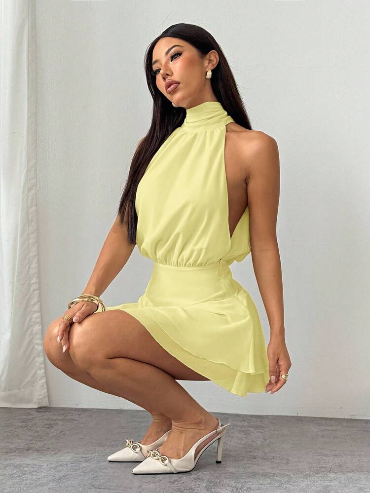 SHEIN PETITE Vestido Feminino Sexy e Elegante com Decote Halter, Cintura Franzida em Chiffon - Luz amarela - Visão 7