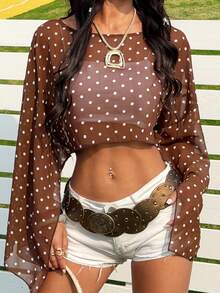 SHEIN EZwear Khaki Chiffon Polka Dot Women's Round Neck Slit Sleeve Cropped Shirt - Coffee Brown - View 8