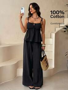 SHEIN Tall 100%纯棉棕色亚麻背心和裤子套装 - 黑色 - 查看 7