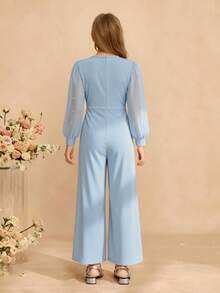 SHEIN 女童优雅连体裤，纯蓝色，3D珍珠装饰，长袖，蝴蝶结点缀，适合日常外出和各种聚会 - 藍色 - 查看 2