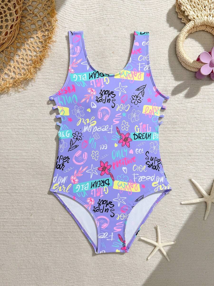 Tween Girls Minimalist Printed Sleeveless One-Piece Swimsuit - Purple - View 1