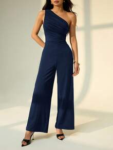 SHEIN PETITE Mono elegante de unicolor con fruncido, verano, para mujeres de talla pequeña - Azul Marino - Ver 5