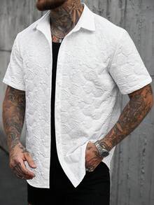 SLATEMANN Men's Floral Jacquard Single-Breasted Casual Short Sleeve Shirt - White - View 6