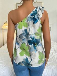 Breezaya 花卉印花不对称领无袖衬衫单肩上衣 - 彩色 - 查看 2