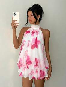 Aloruh Abito mini elegante da donna con stampa floreale e collo a canottiera, abito mini in chiffon con collo a canottiera e schiena scoperta, abito mini da vacanza - Multicolore - Visualizzare 4