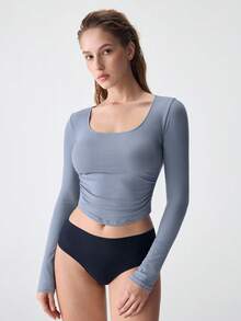 Loungeista Women's Simple Comfortable Square Neck Long Sleeve Top Ruched Fitted Cropped Solid Color Base Layer Top - Dusty Blue - View 3